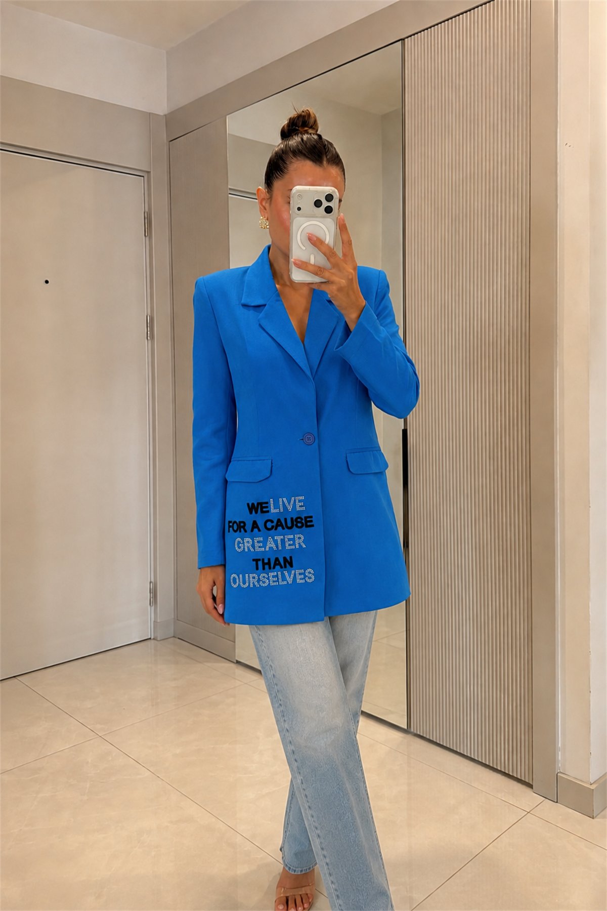 Welive Mavi Taşlı Yazılı Blazer Ceket