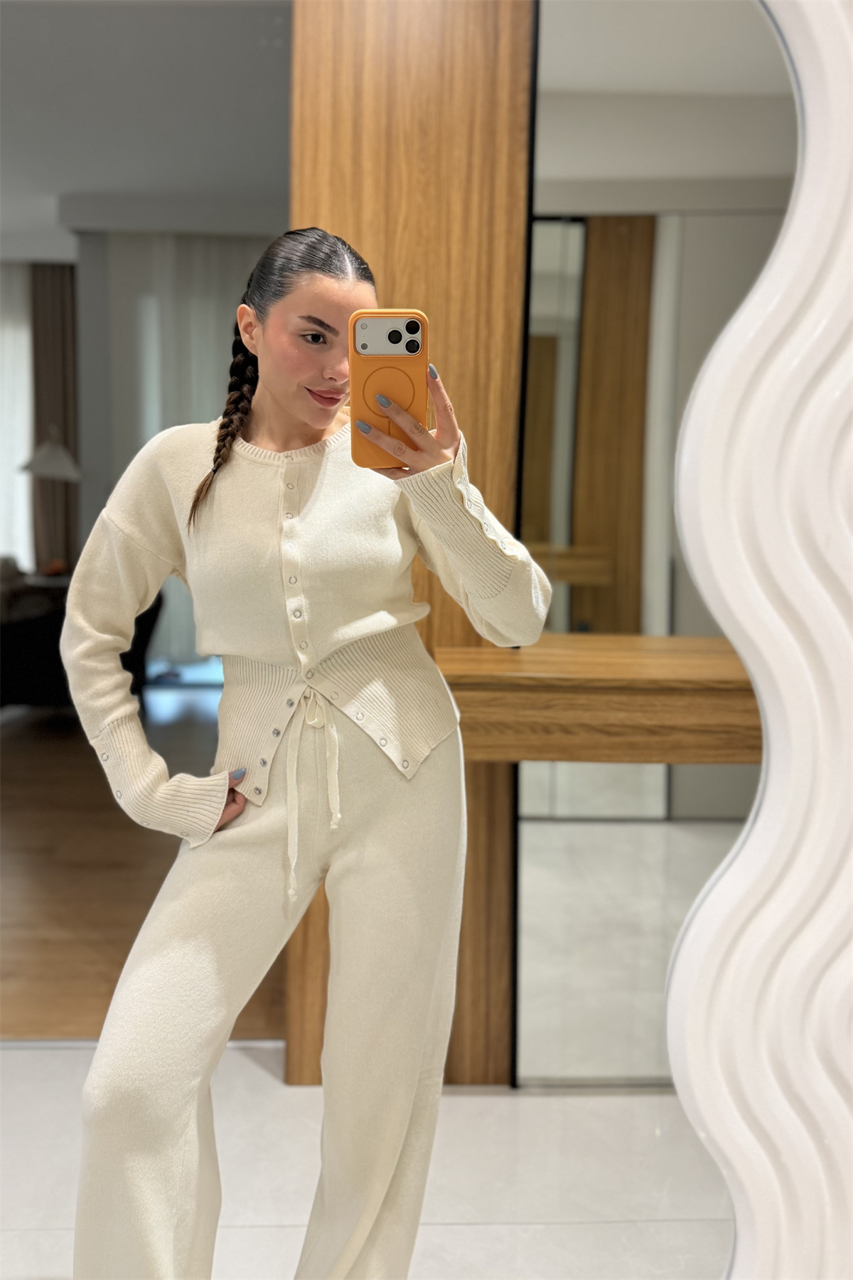 Welma Krem Çıtçıt Düğmeli Triko Takım