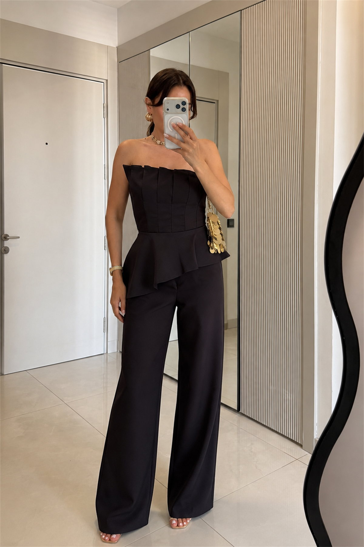 Wenia Koyu Kahve Peplum Büstiyer Pantolon Takım
