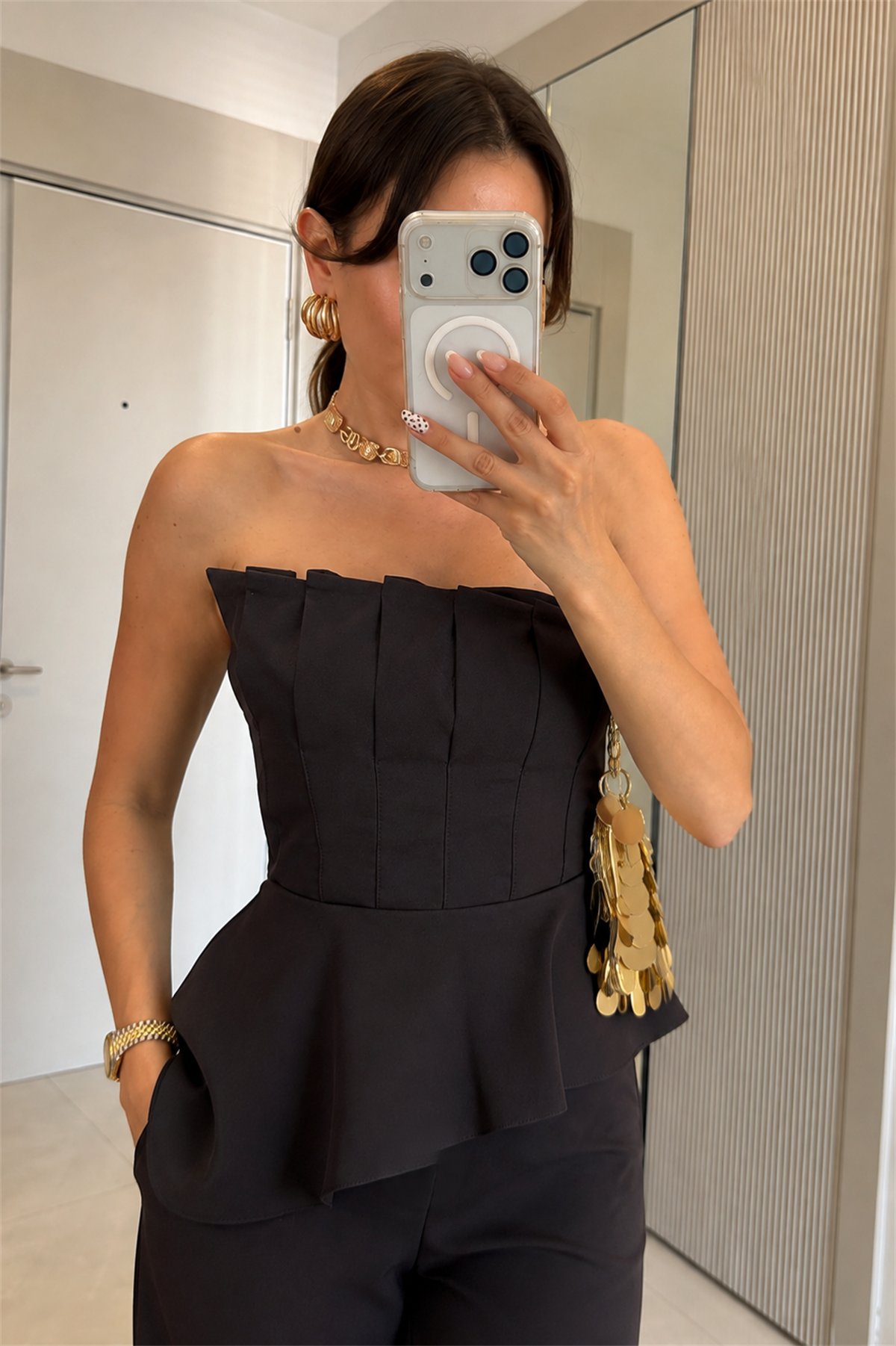 Wenia Koyu Kahve Peplum Büstiyer Pantolon Takım