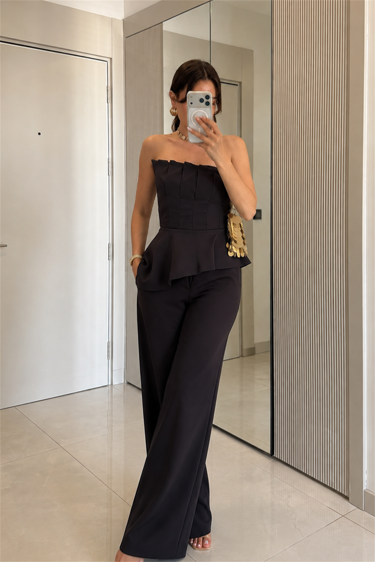Wenia Koyu Kahve Peplum Büstiyer Pantolon Takım