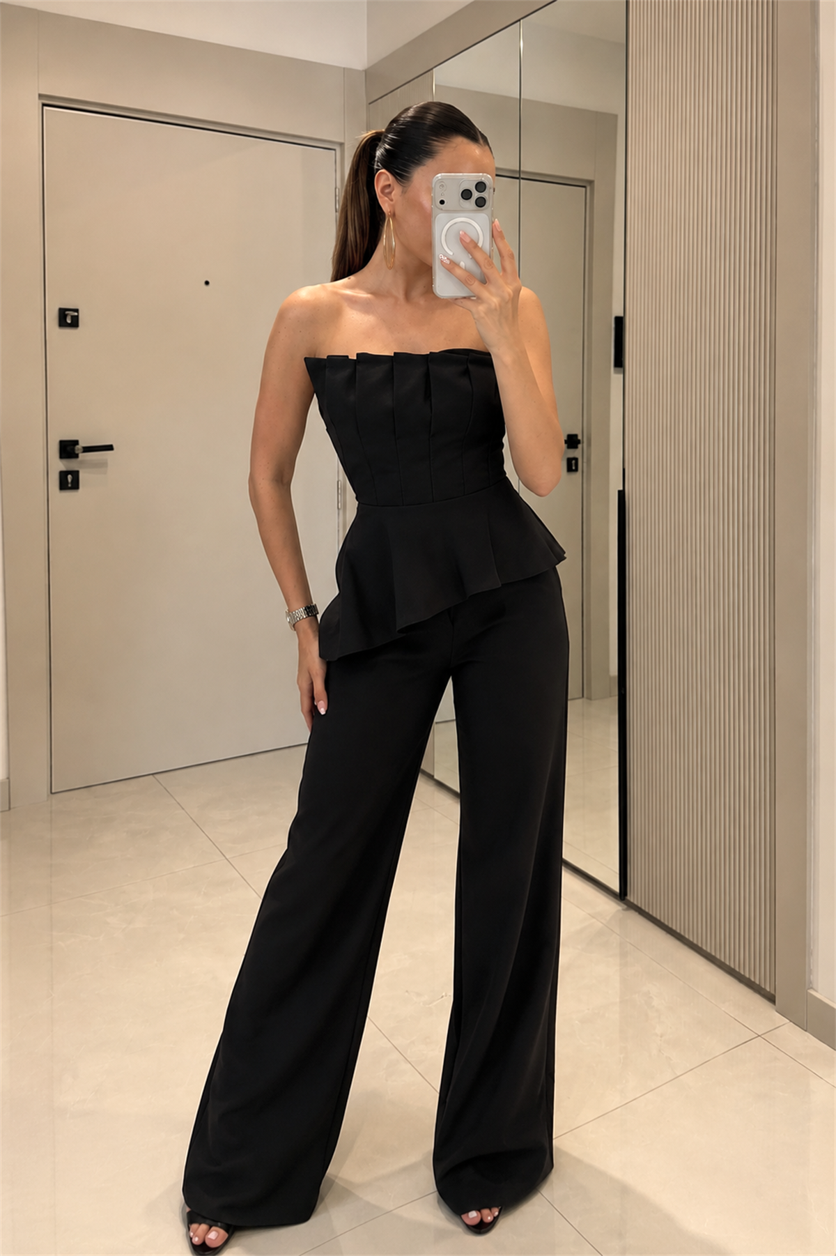 Wenia Siyah Peplum Büstiyer Pantolon Takım