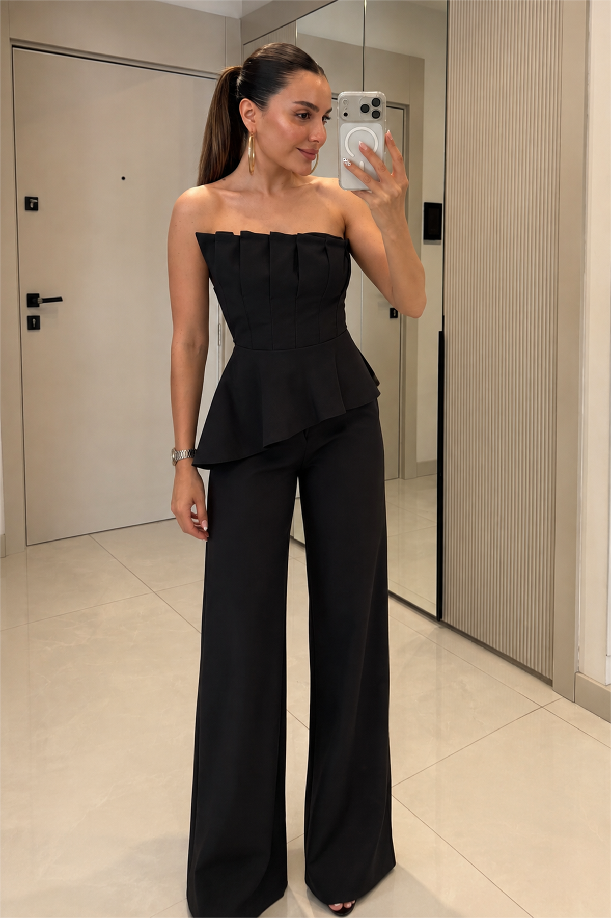 Wenia Siyah Peplum Büstiyer Pantolon Takım
