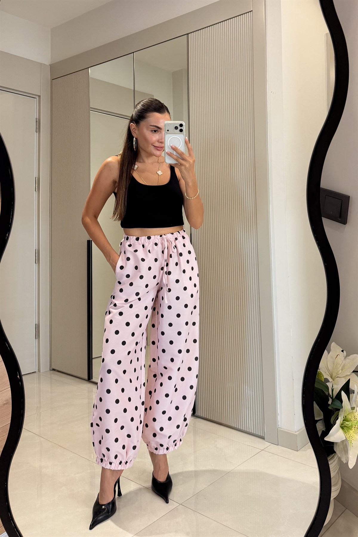 Wera Pembe Puantiyeli Jogger Pantolon