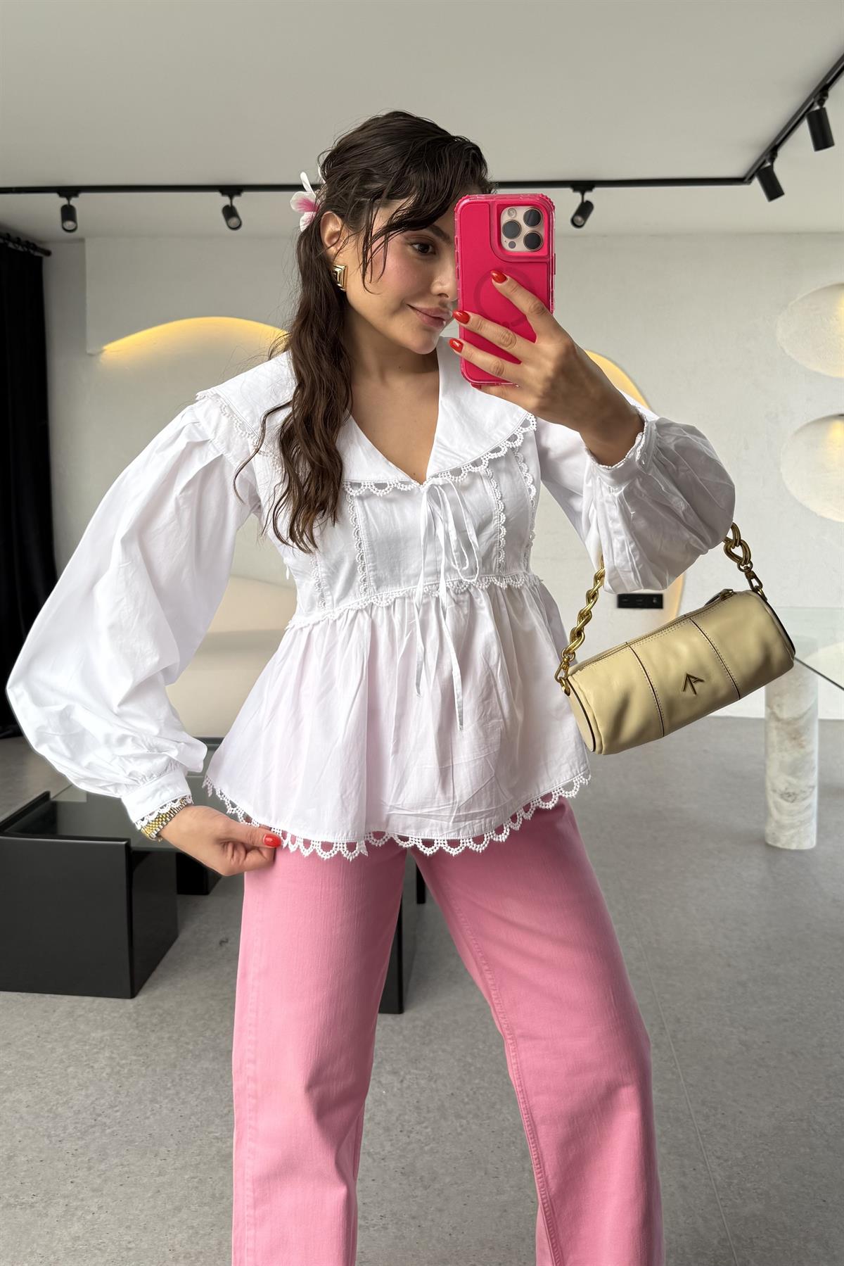 Westland Önü Bağlamalı Dantelli Poplin Gömlek