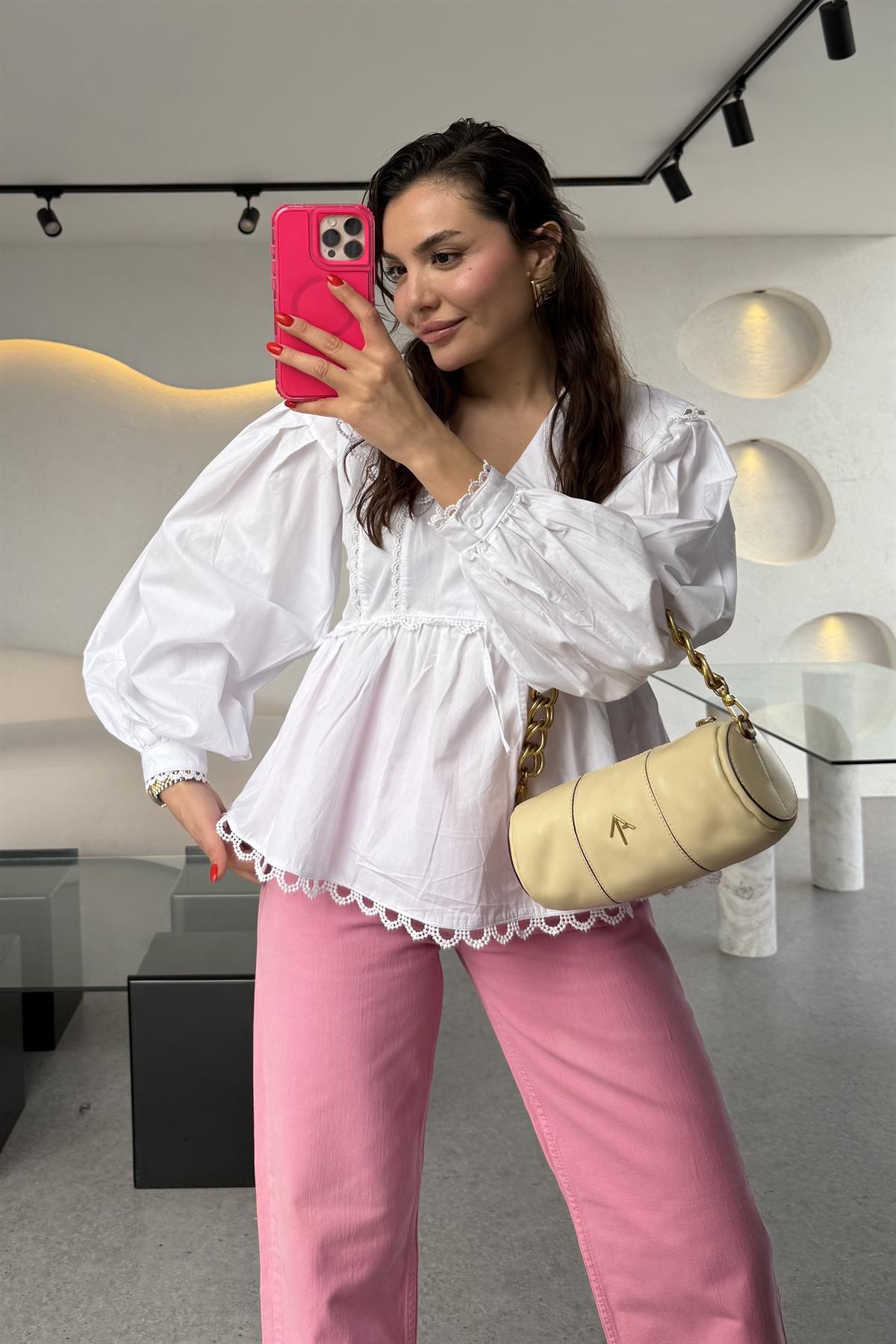 Westland Önü Bağlamalı Dantelli Poplin Gömlek