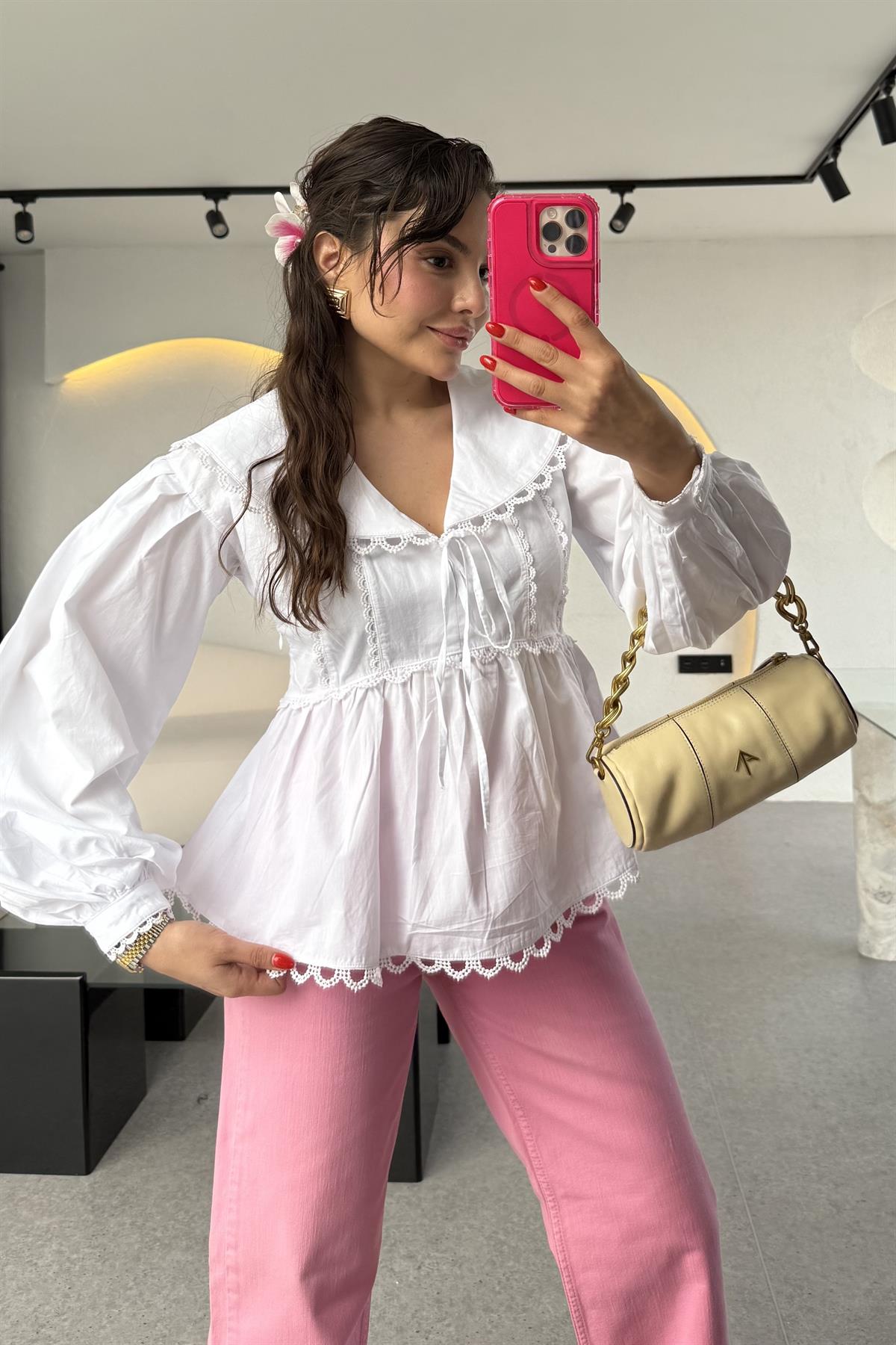 Westland Önü Bağlamalı Dantelli Poplin Gömlek