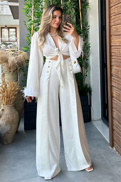 White gold düğmeli beyaz tasarım pantolon