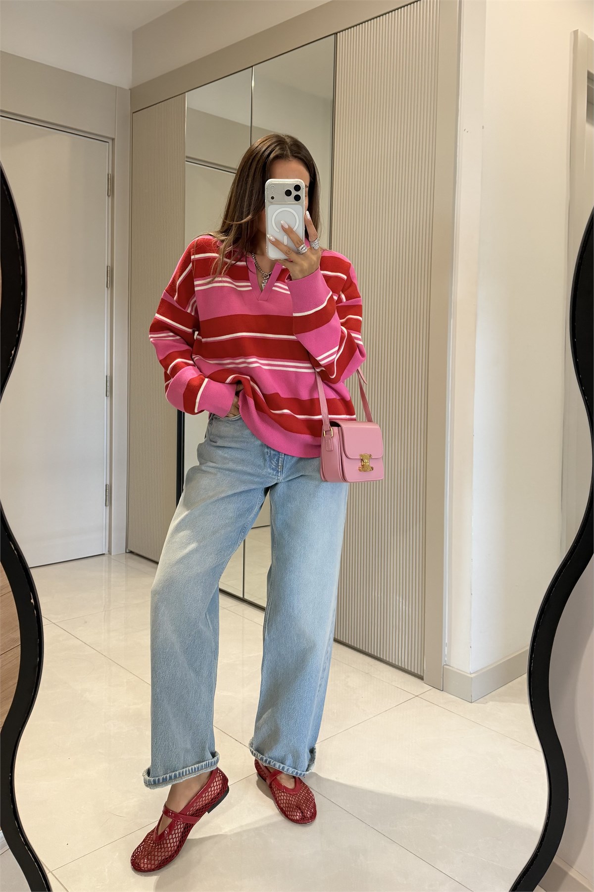Wilen Fuşya Polo Yaka Çizgili Oversize Kazak