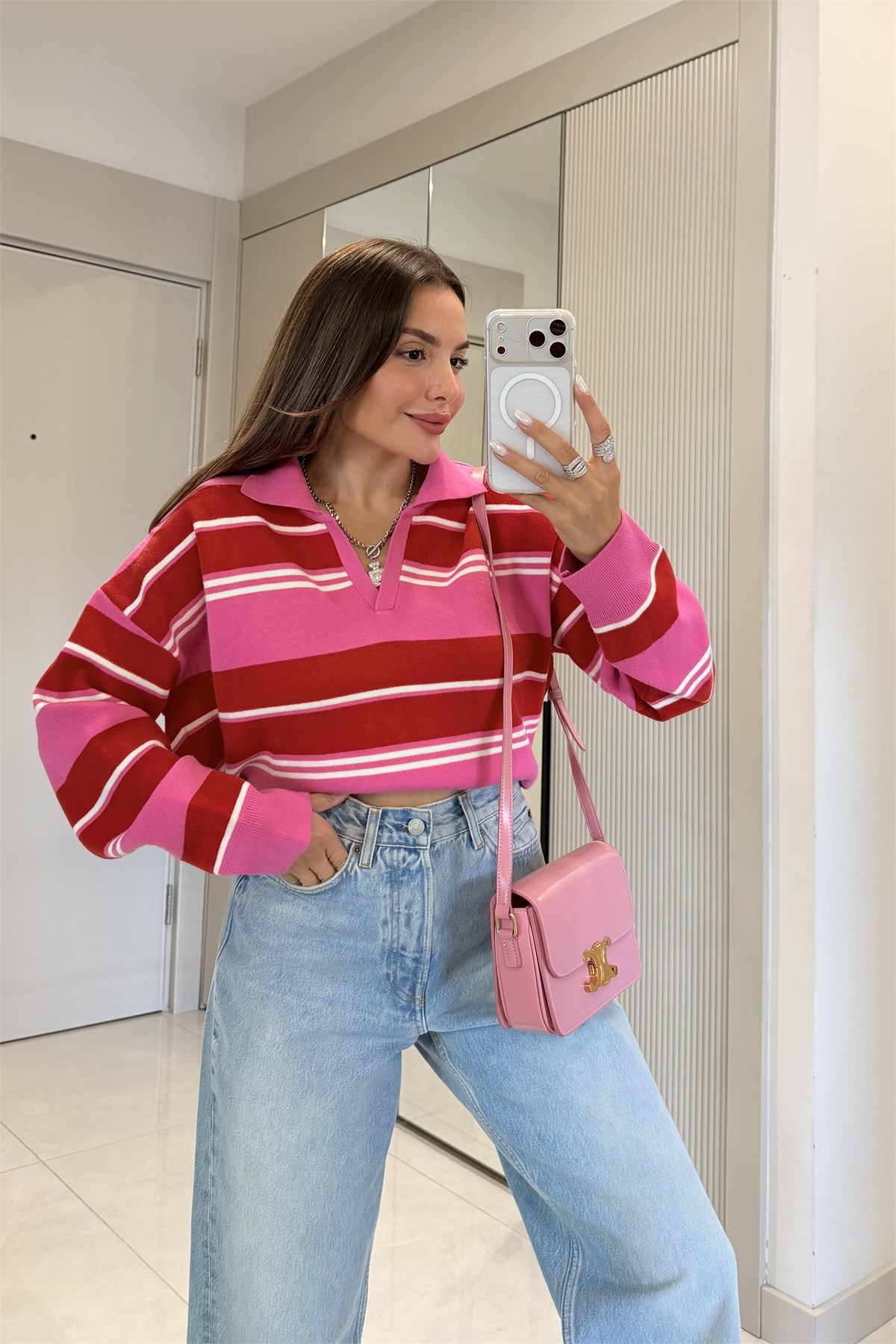 Wilen Fuşya Polo Yaka Çizgili Oversize Kazak