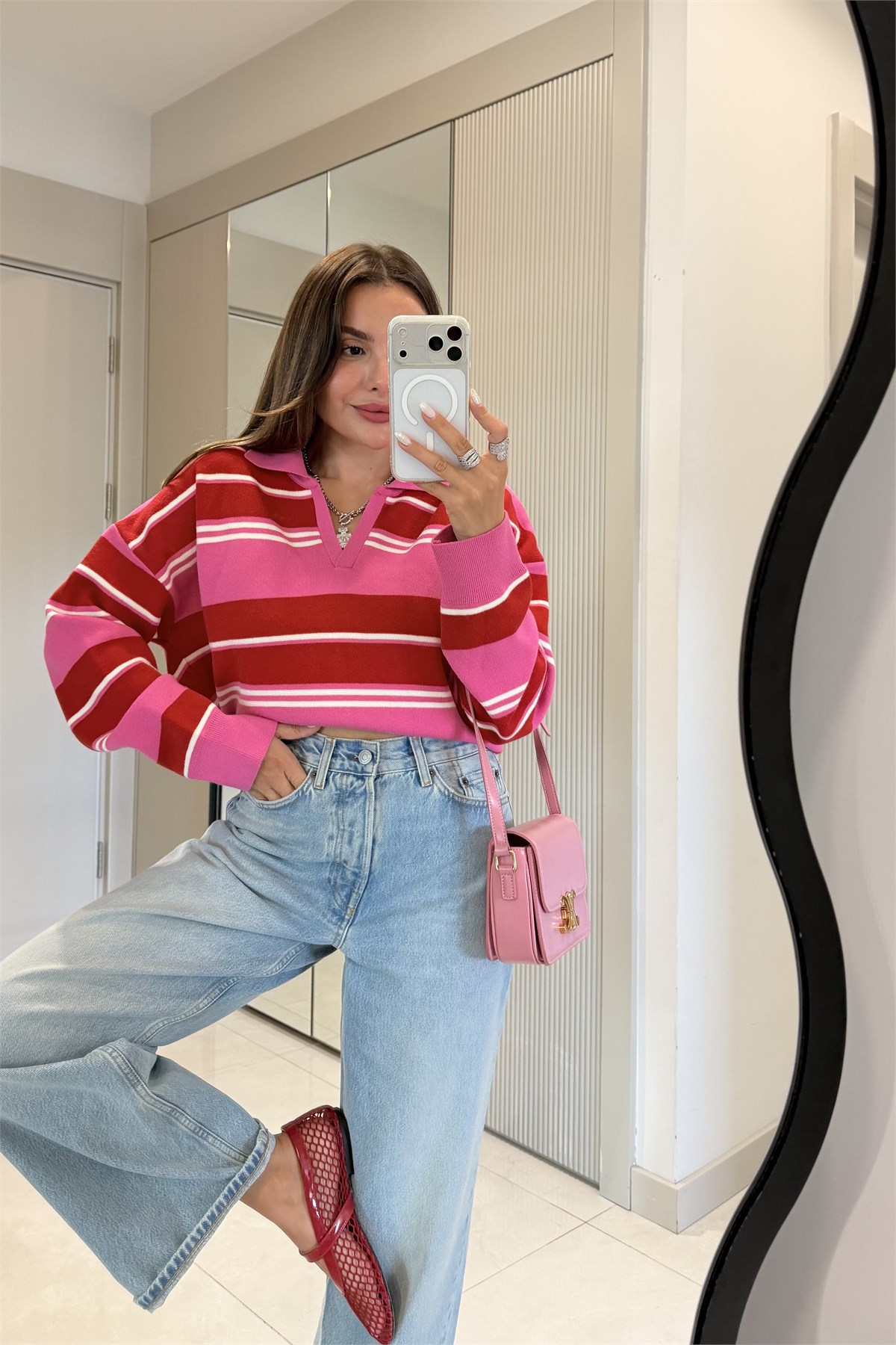 Wilen Fuşya Polo Yaka Çizgili Oversize Kazak