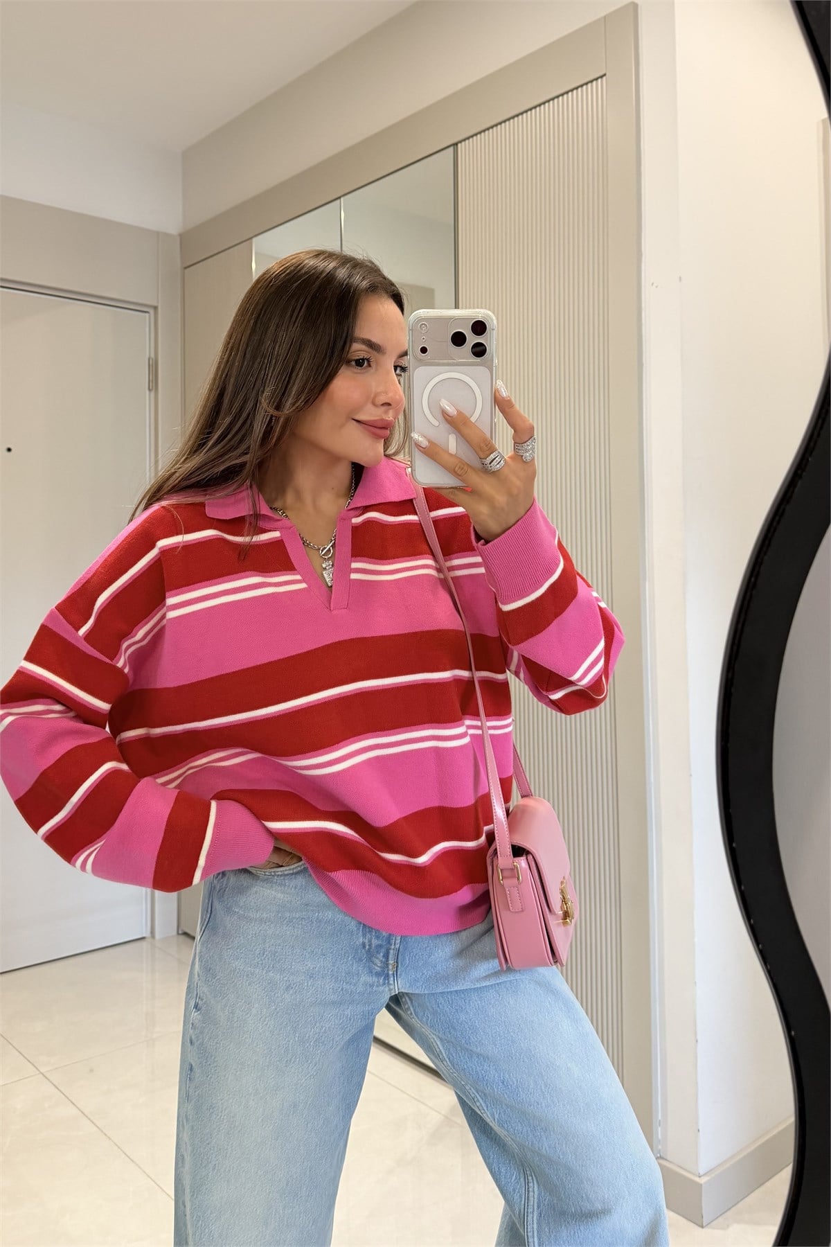 Wilen Fuşya Polo Yaka Çizgili Oversize Kazak