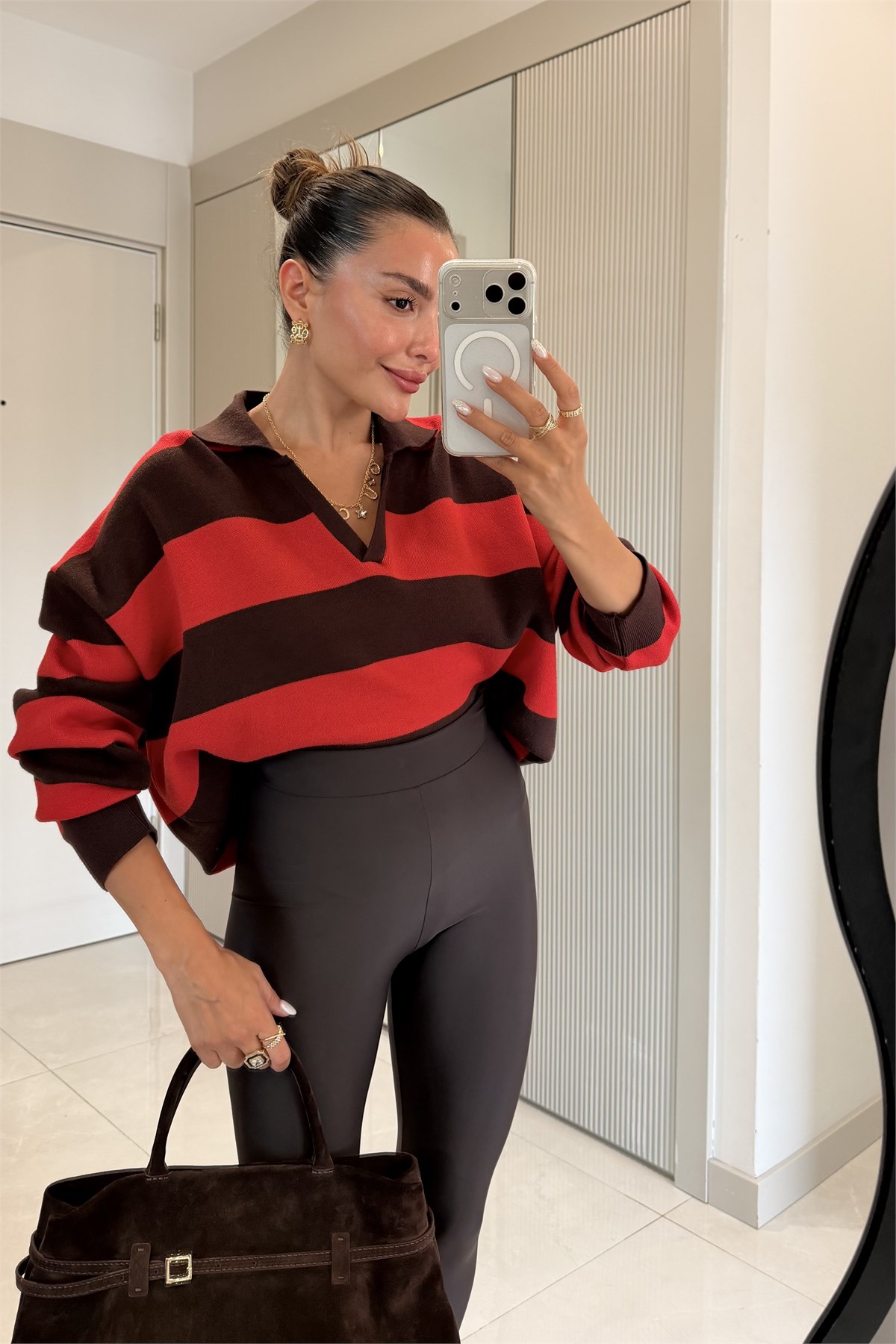 Wilen Kırmızı Polo Yaka Çizgili Oversize Kazak