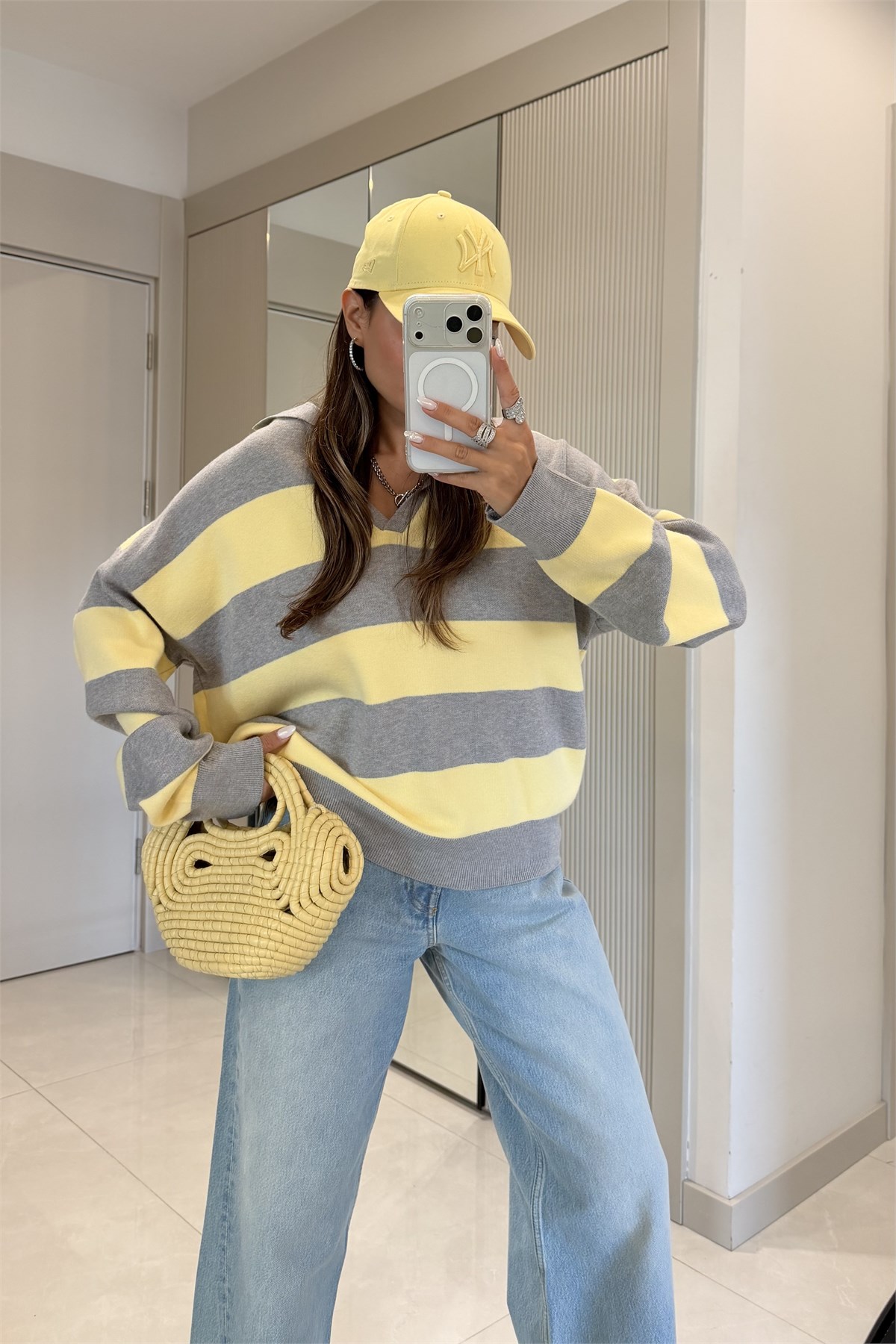 Wilen Sarı Polo Yaka Çizgili Oversize Kazak