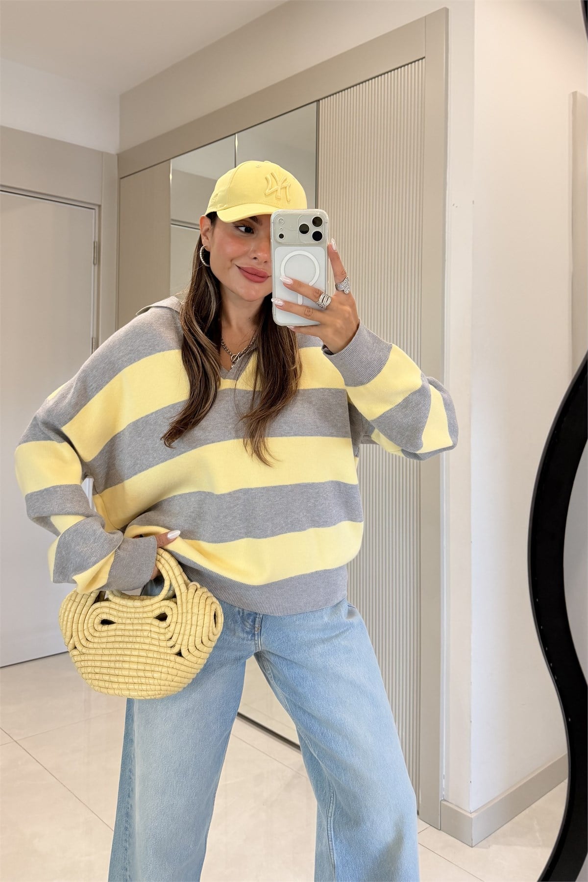 Wilen Sarı Polo Yaka Çizgili Oversize Kazak