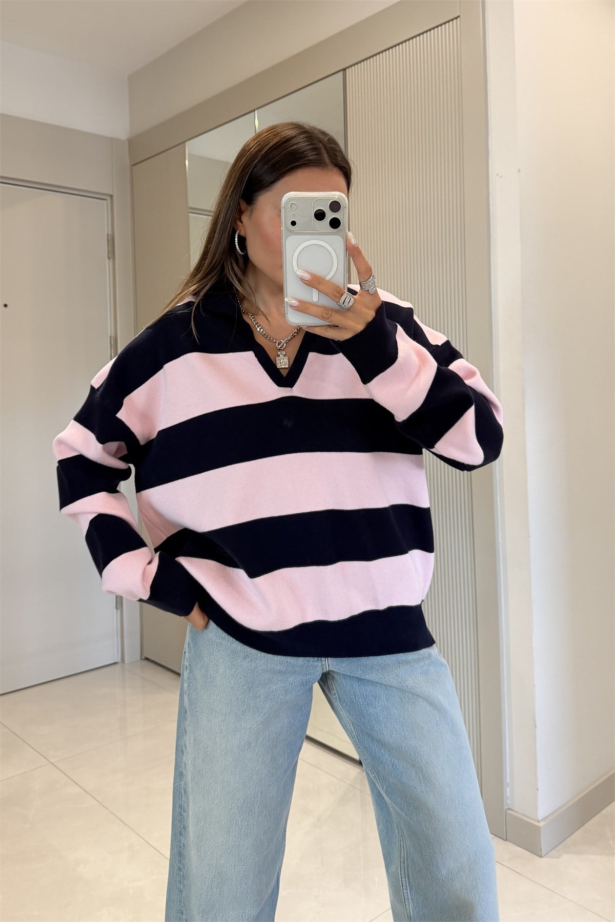 Wilen Toz Pembe Polo Yaka Çizgili Oversize Kazak