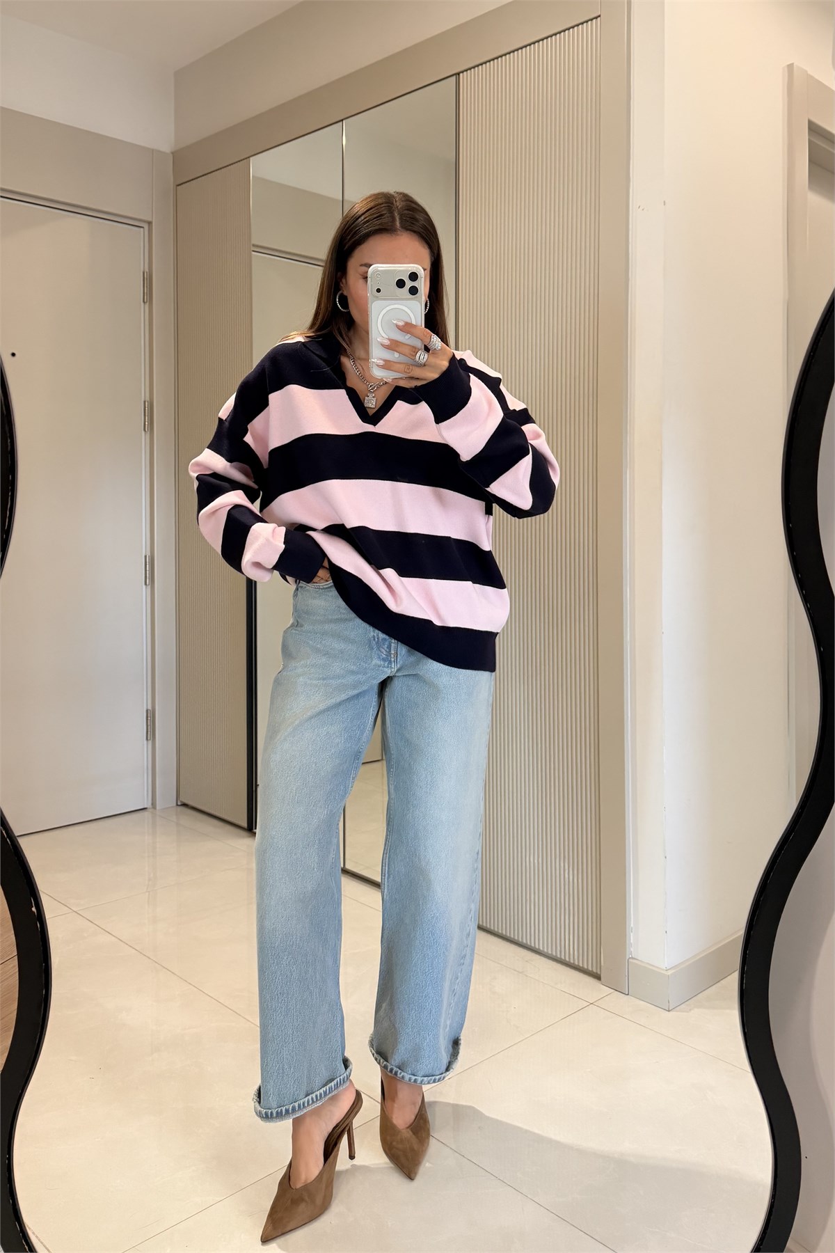 Wilen Toz Pembe Polo Yaka Çizgili Oversize Kazak
