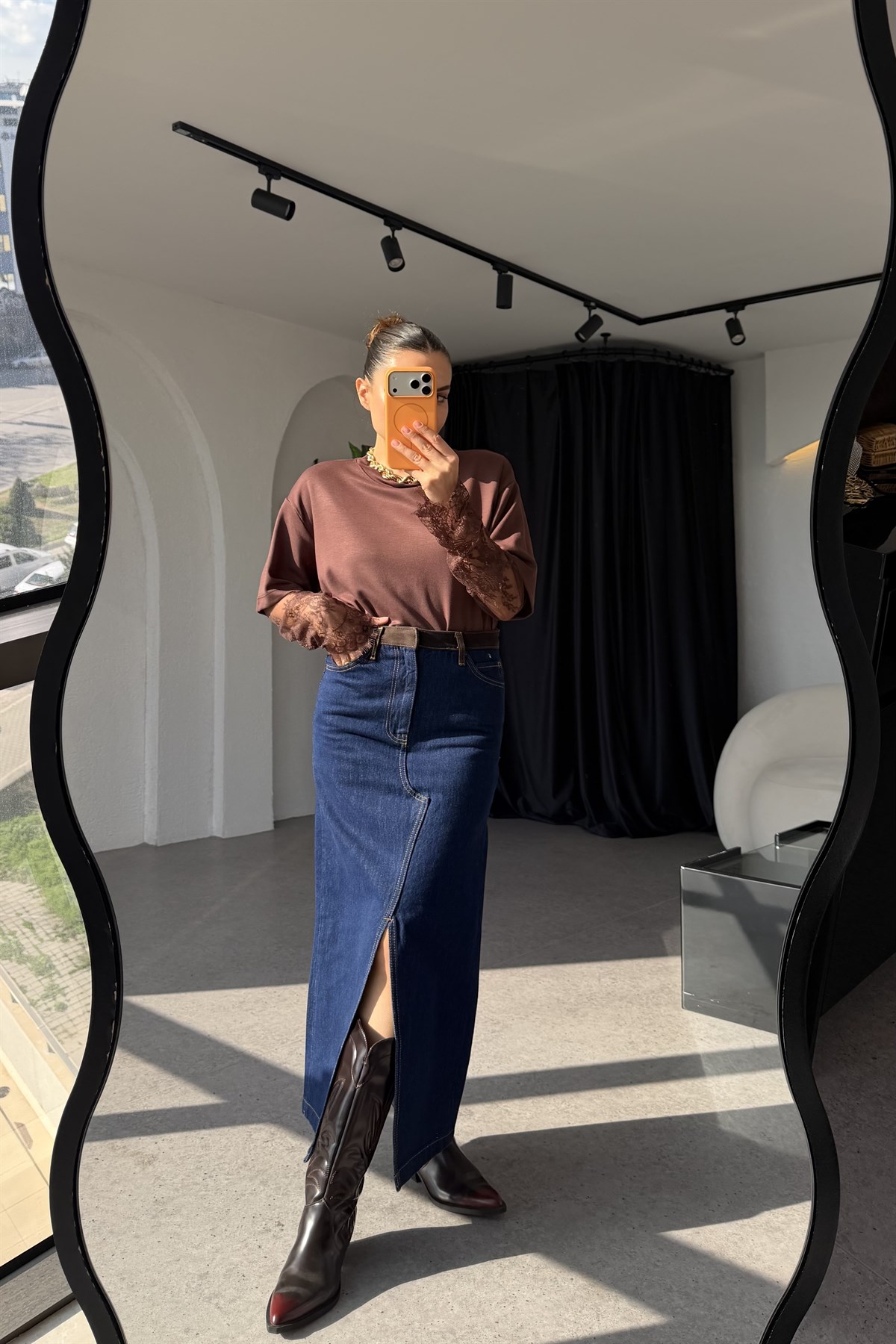 Willian Bel Detaylı Maxi Denim Etek