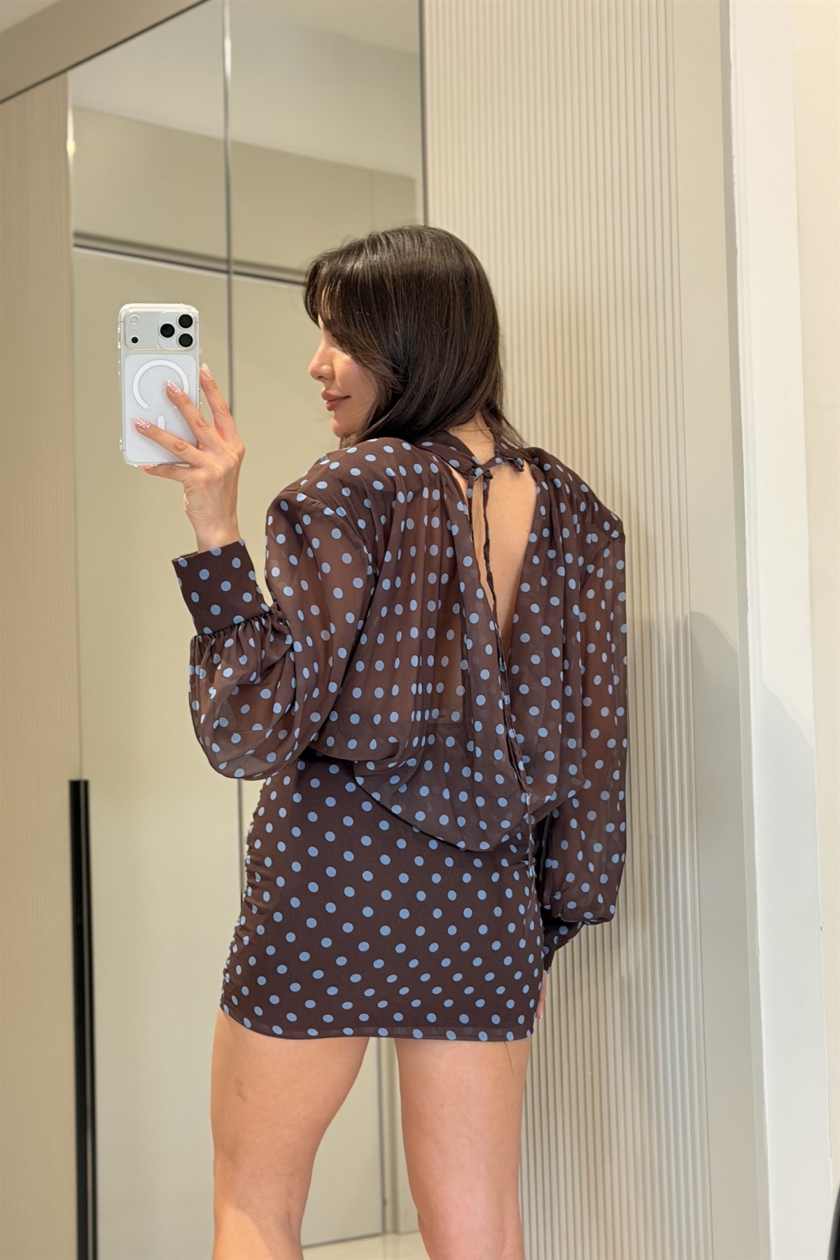 Willy Kahve Vatkalı Puantiyeli Elbise