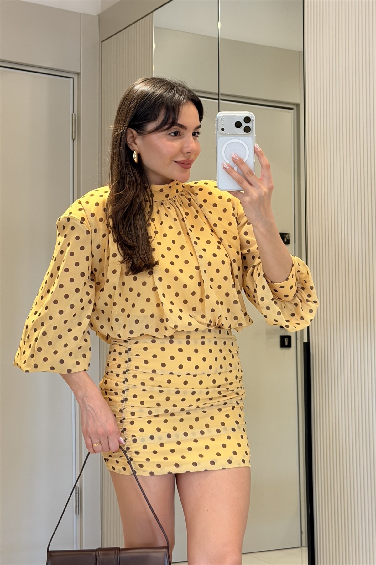 Willy Sarı Vatkalı Puantiyeli Elbise