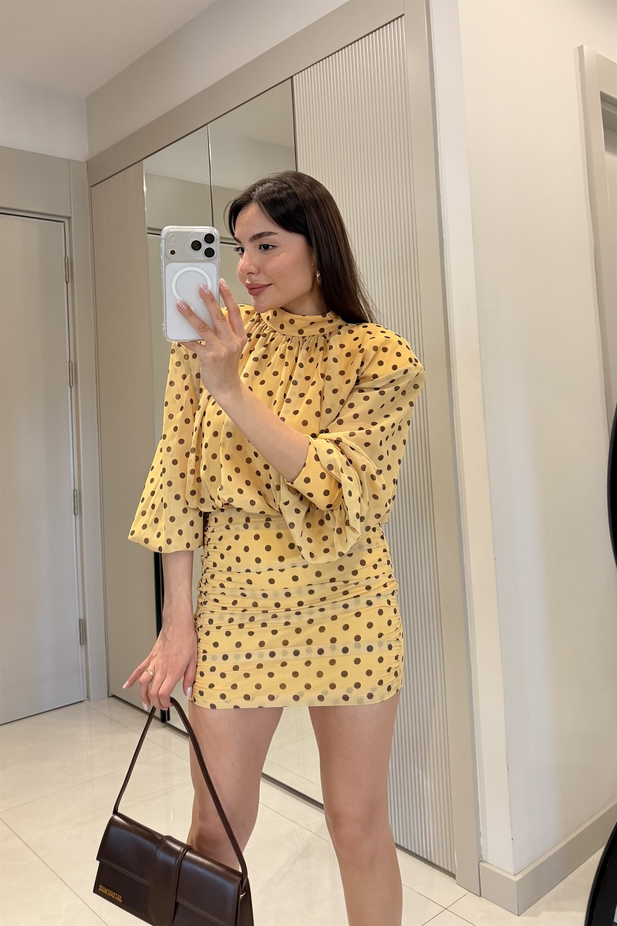 Willy Sarı Vatkalı Puantiyeli Elbise