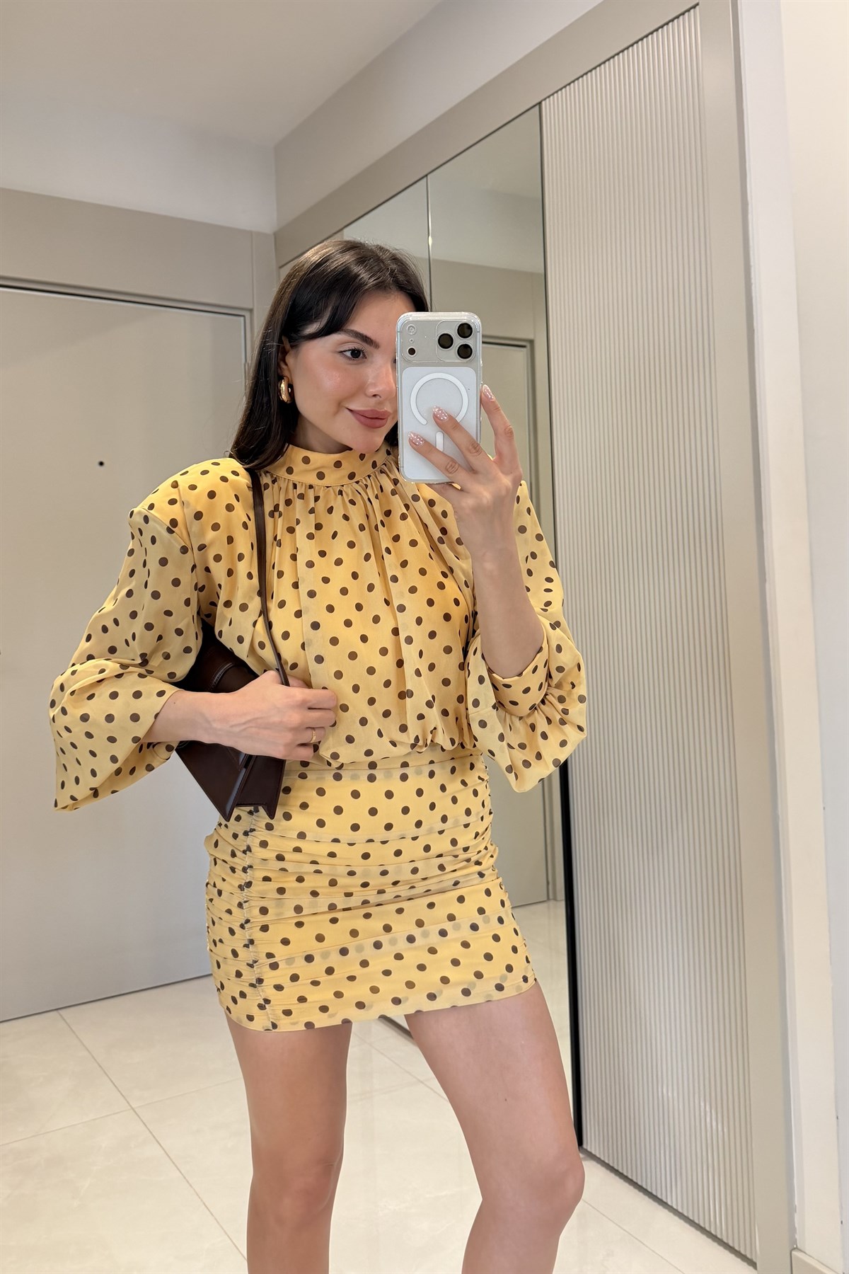 Willy Sarı Vatkalı Puantiyeli Elbise