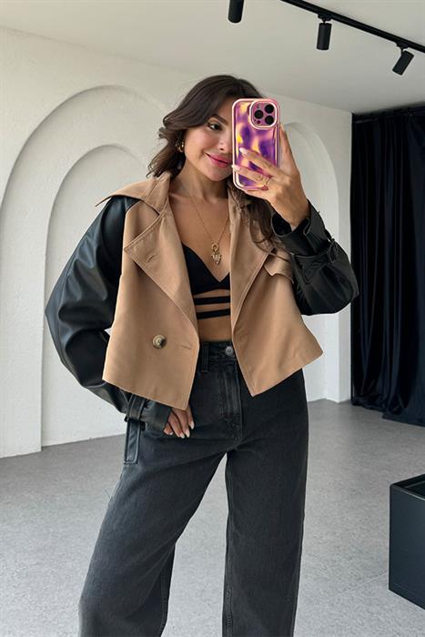 Windler Kolları Deri Mini Trençkot - Camel