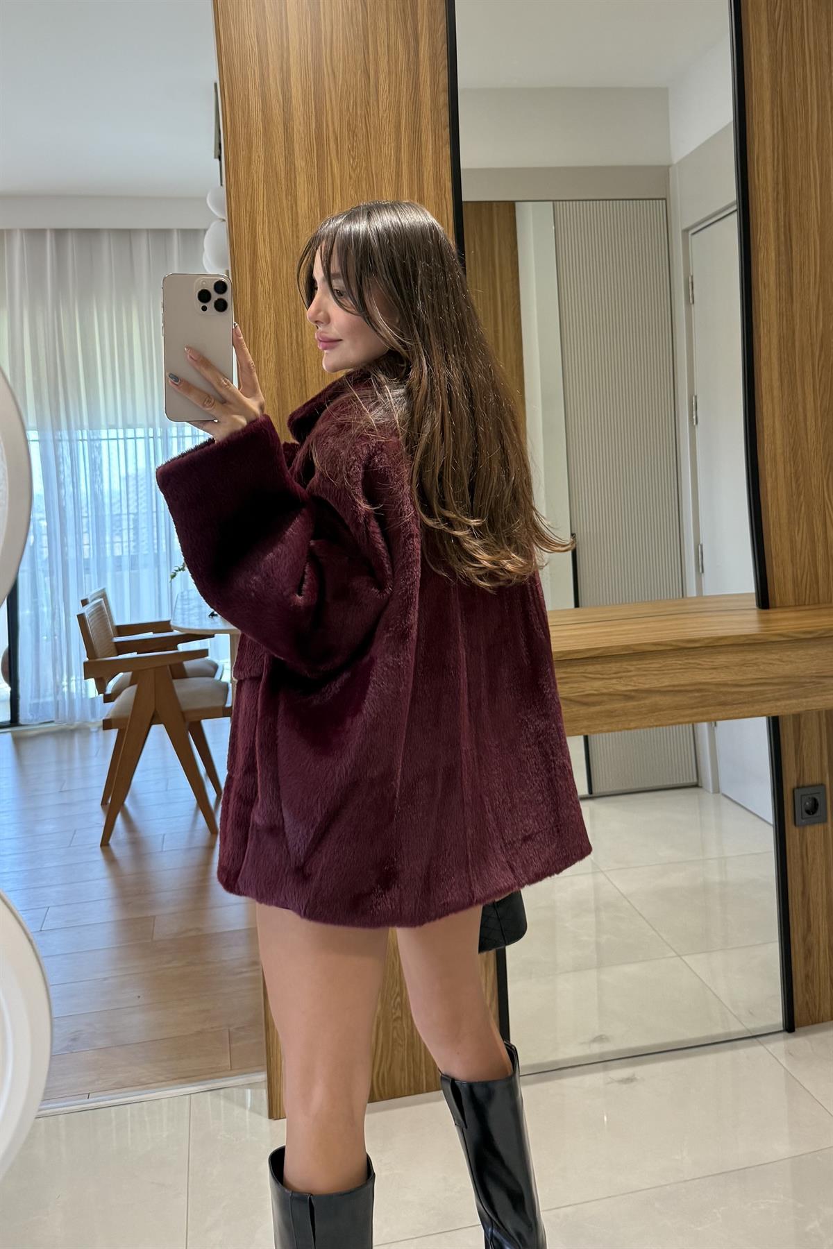 Winter Bordo Premium Peluş Kaban