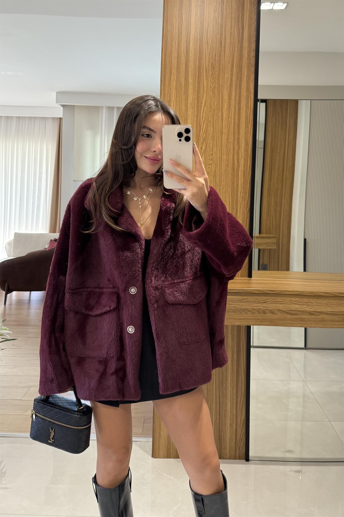 Winter Bordo Premium Peluş Kaban