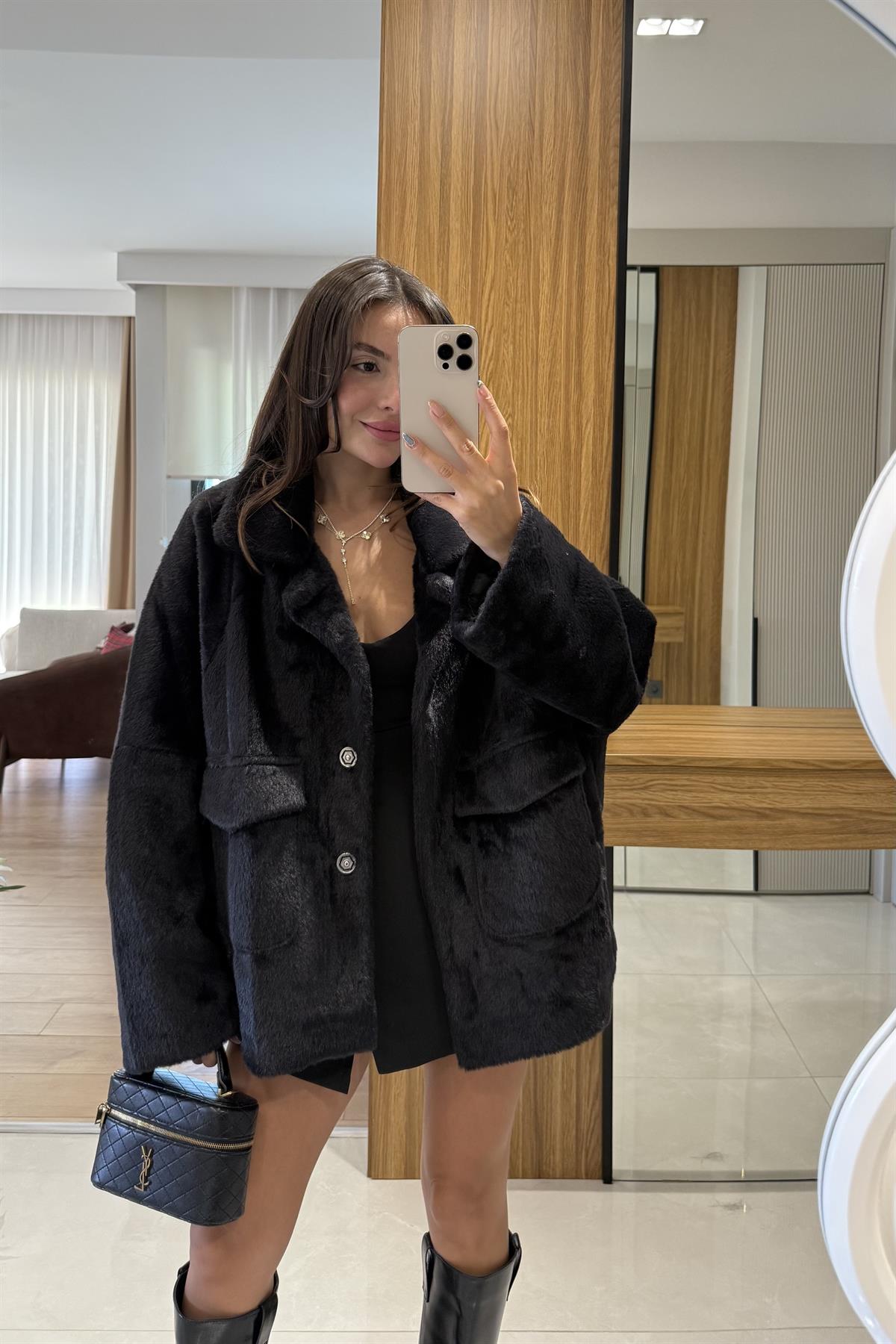 Winter Siyah Premium Peluş Kaban