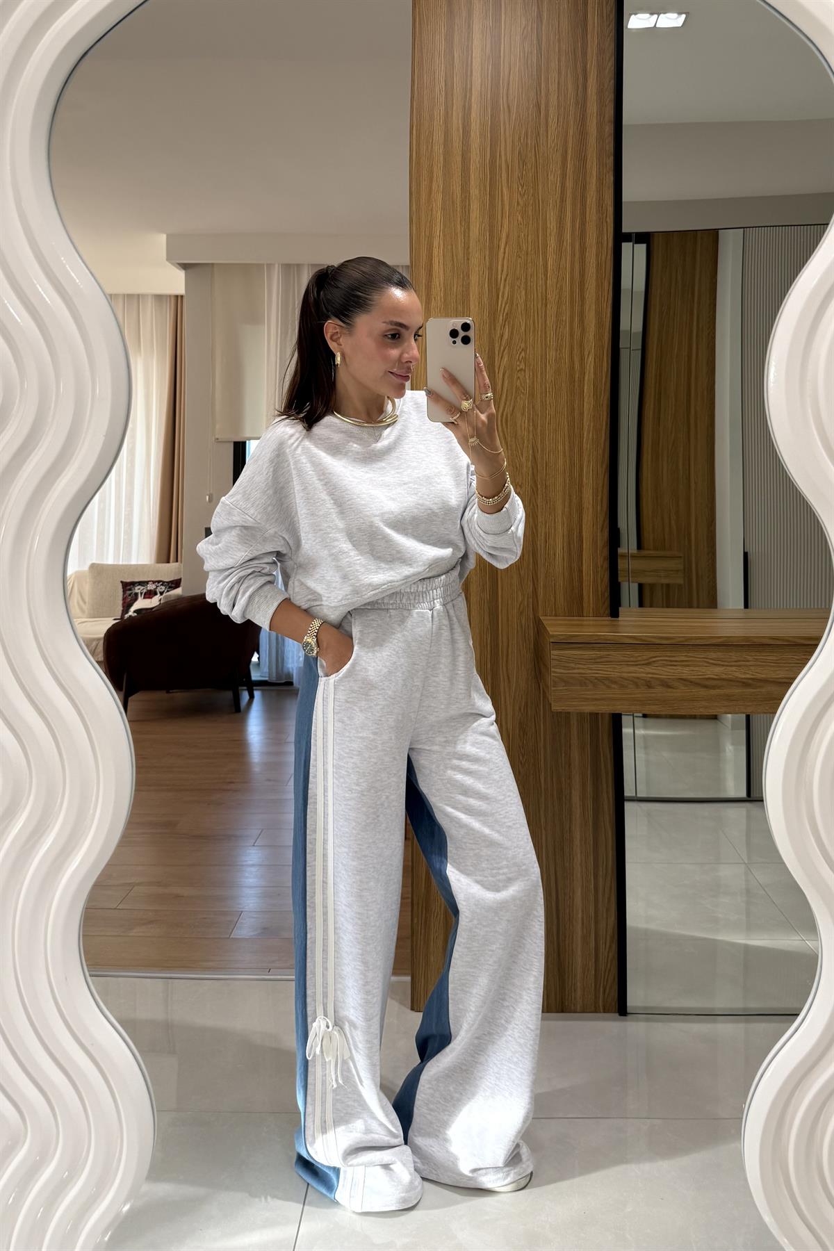 Wiola Gri Kot Karışımlı Şerit Detaylı Takım