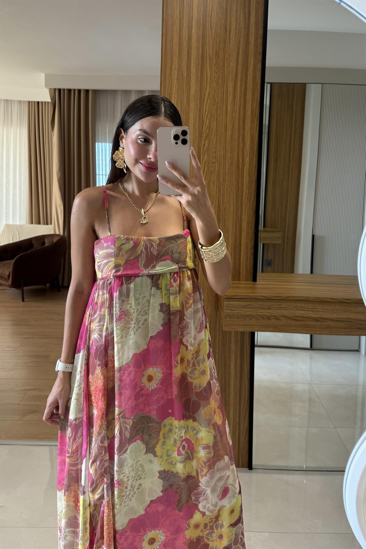 Wiole Çiçek Desen Askılı Şifon Elbise