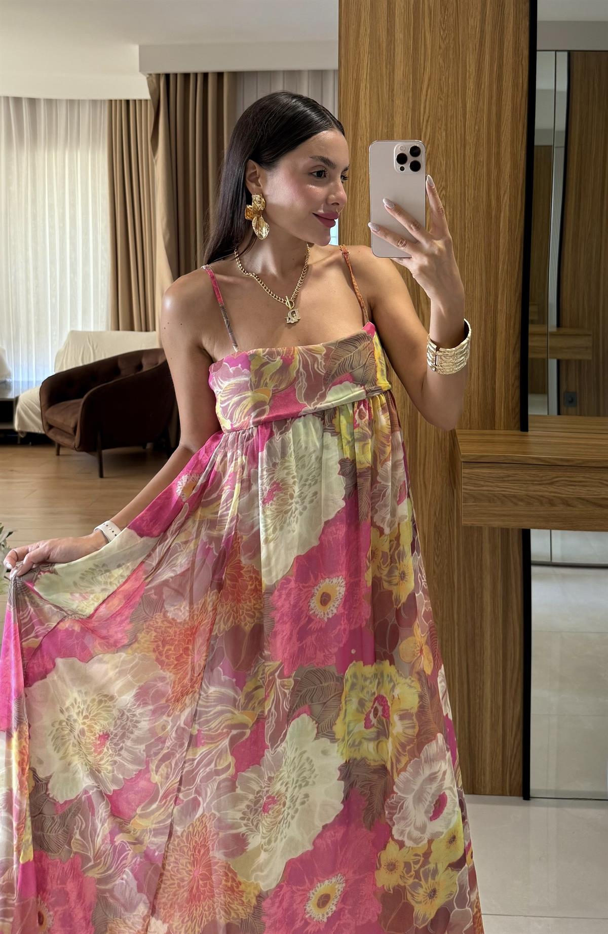 Wiole Çiçek Desen Askılı Şifon Elbise