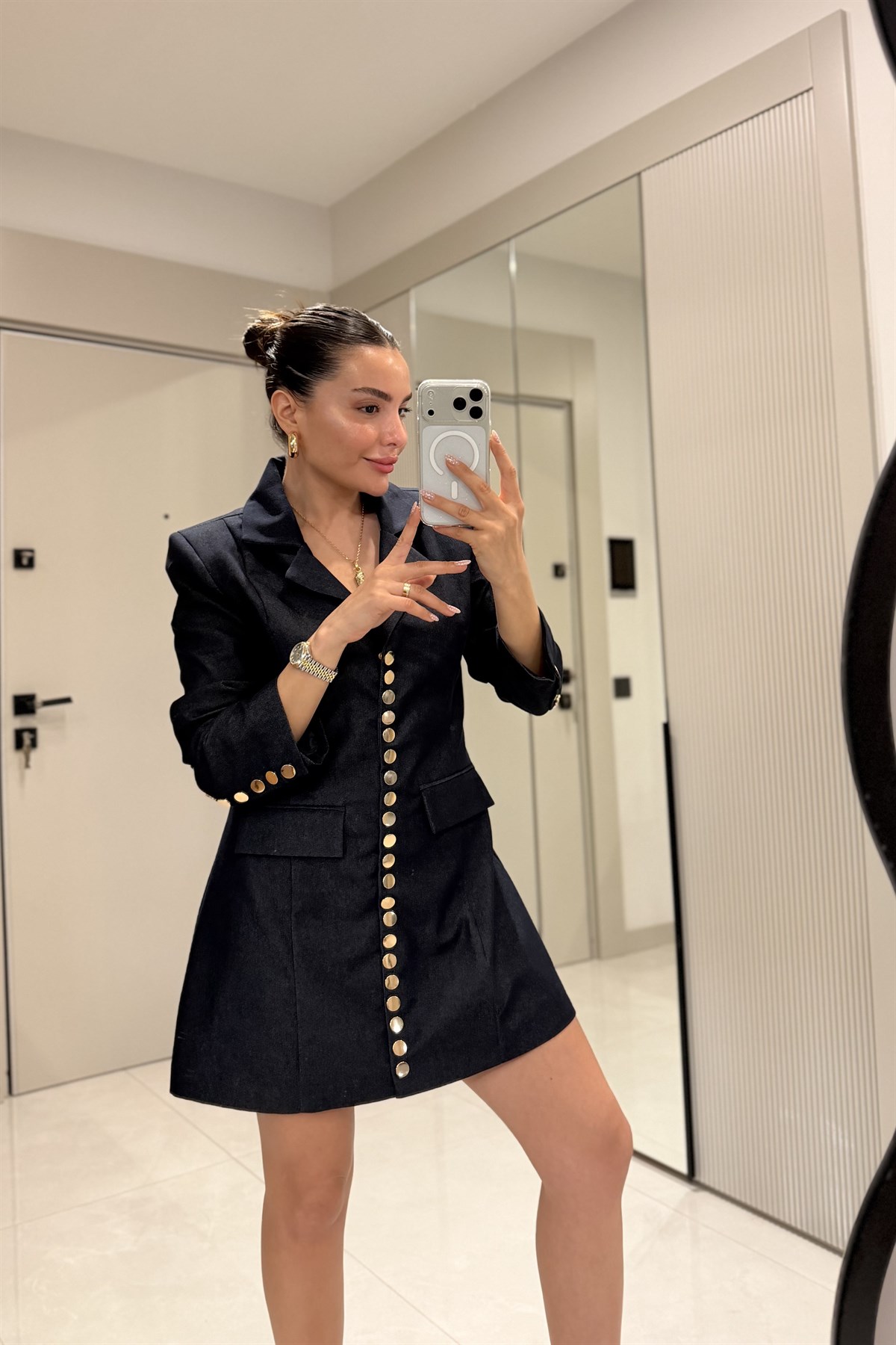 Wisher Denim Gold Düğme Detaylı Blazer Elbise