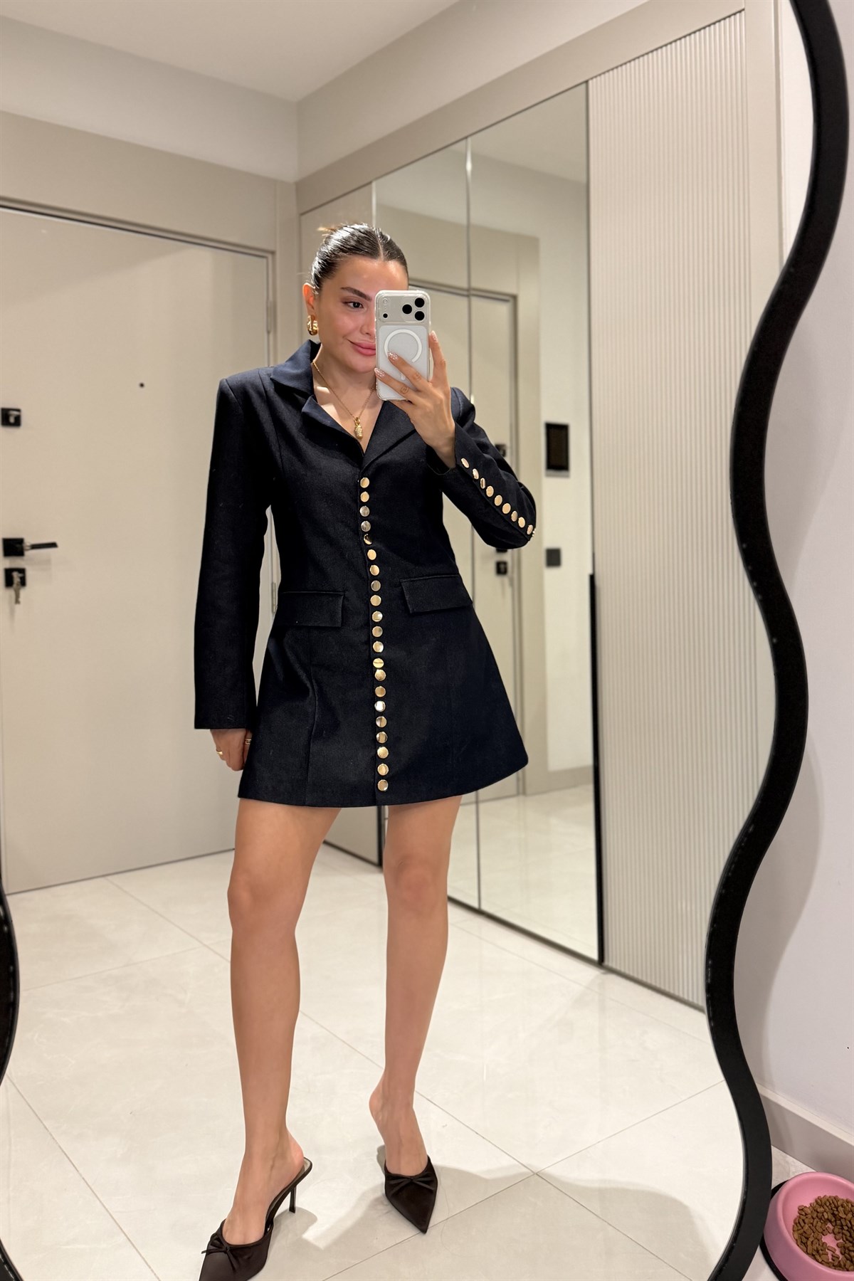 Wisher Denim Gold Düğme Detaylı Blazer Elbise