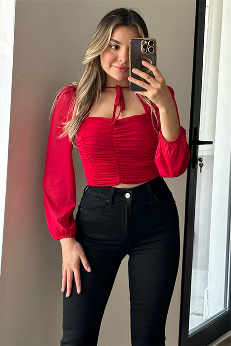 Wispy kırmızı drapeli tül bluz