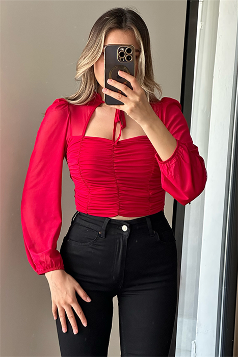 Wispy kırmızı drapeli tül bluz