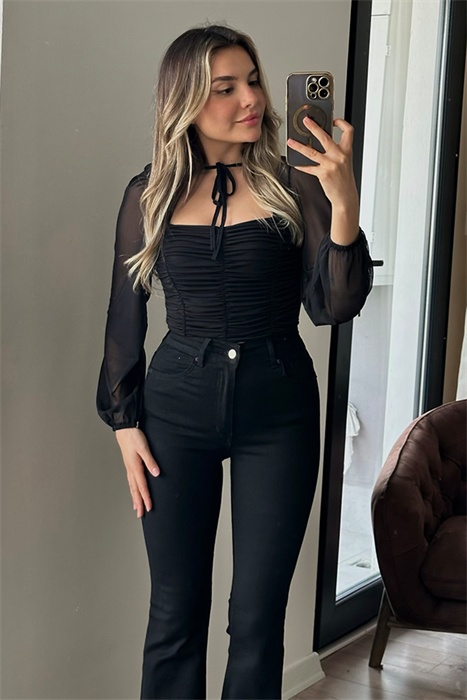 Wispy siyah drapeli tül bluz