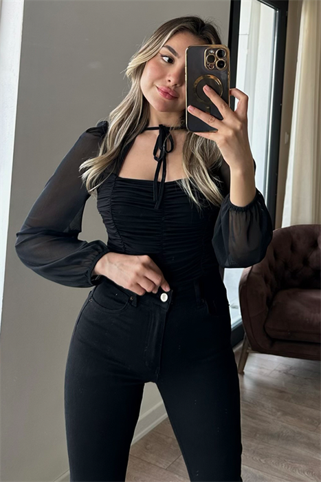 Wispy siyah drapeli tül bluz