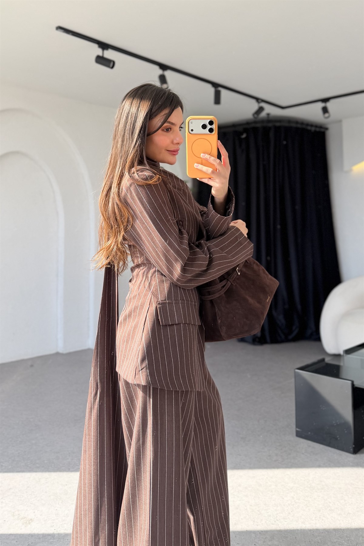 Wolare Kahve Çizgili Şallı Premium Takım