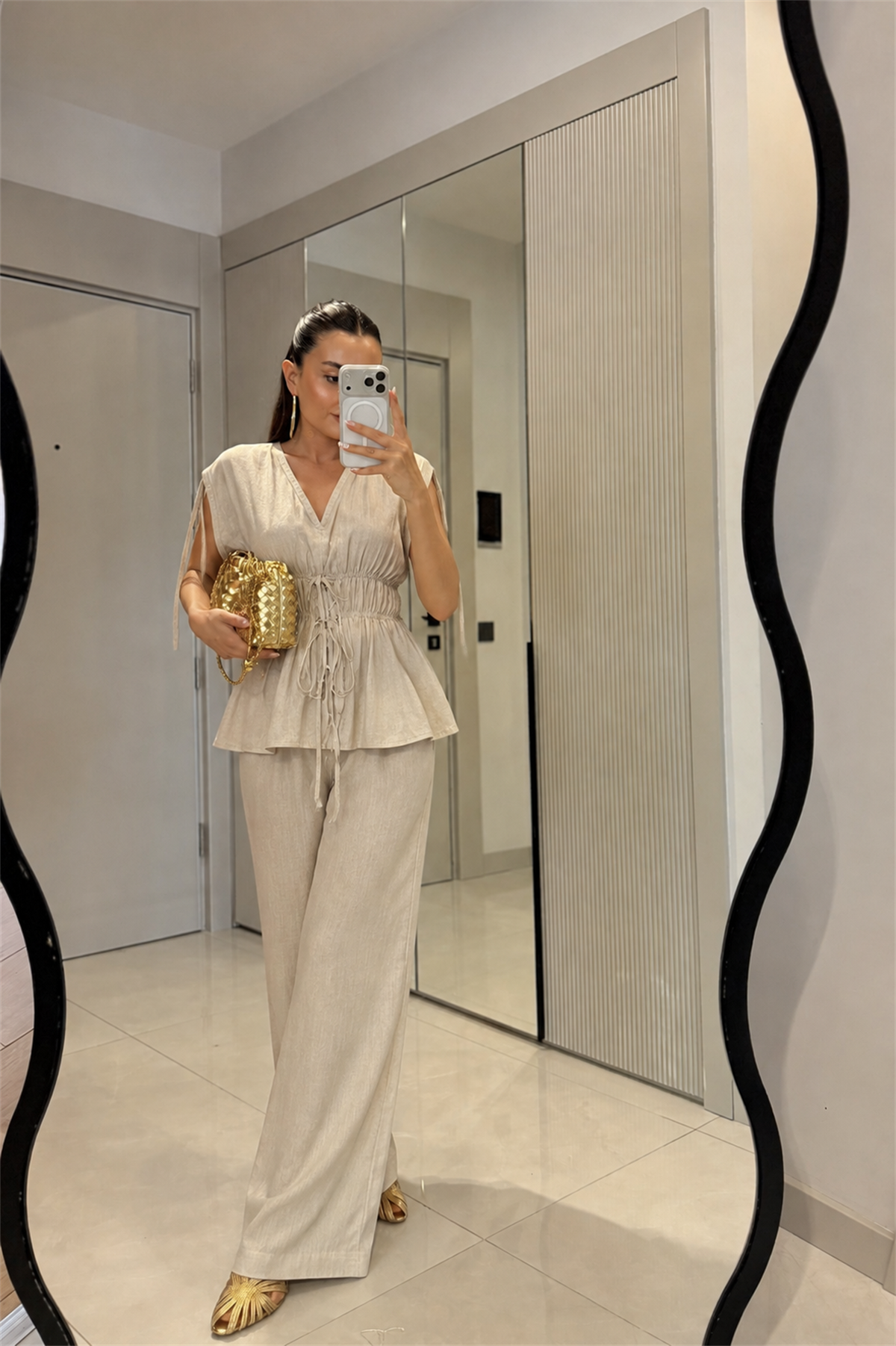 Wonka Ekru  Büzgülü Premium Keten Takım