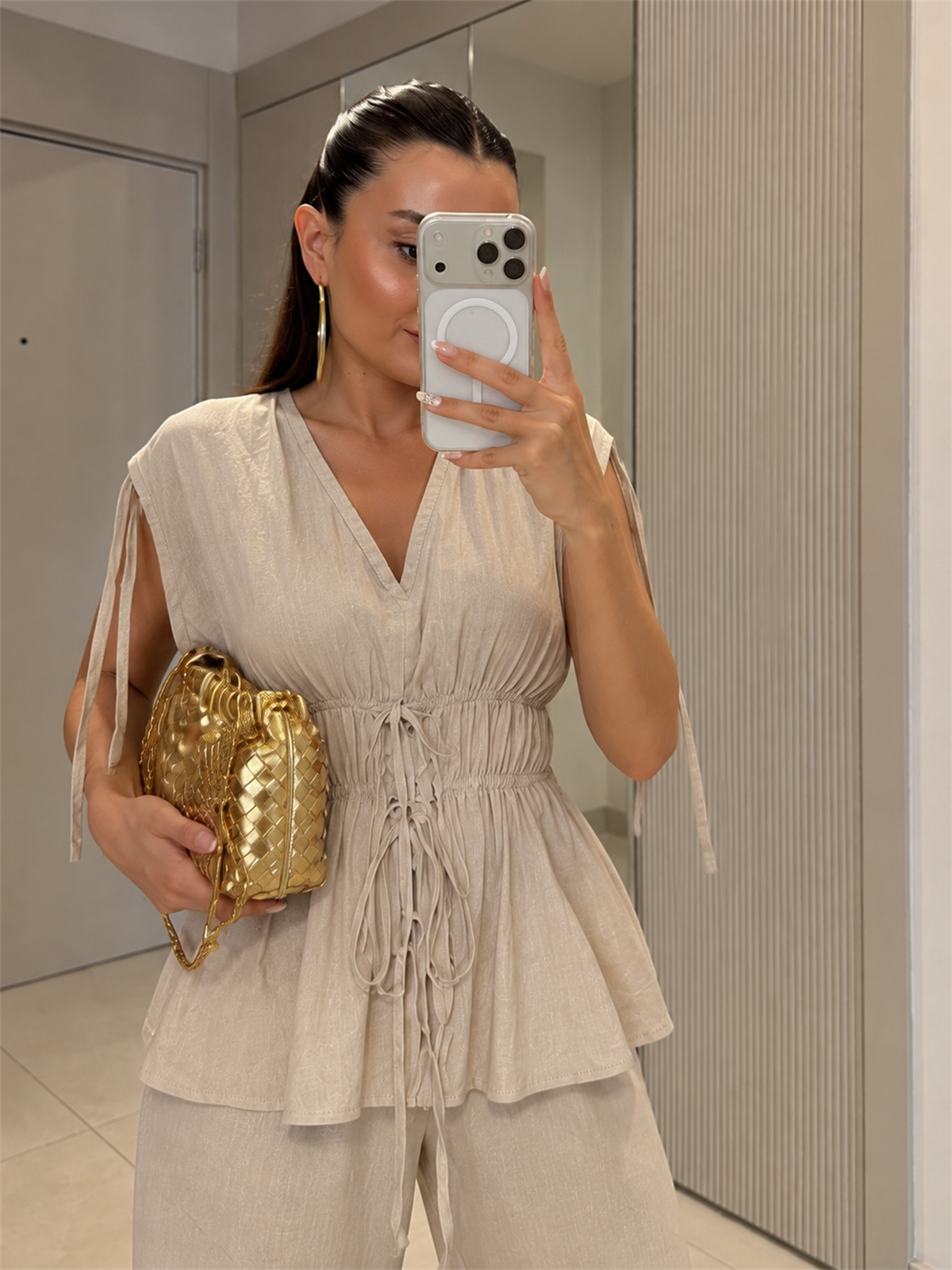 Wonka Ekru  Büzgülü Premium Keten Takım