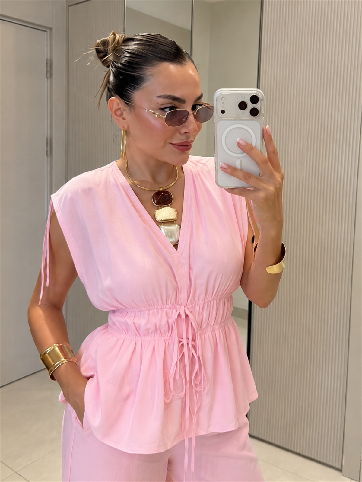Wonka Pembe Büzgülü Premium Keten Takım