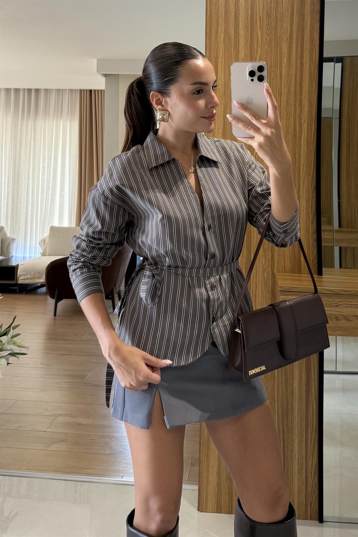 Xora Kahve Çizgili Gömlek