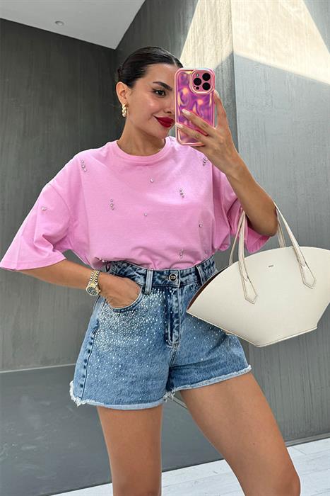 Yaenia Taş  Detaylı  Pembe Tshirt 