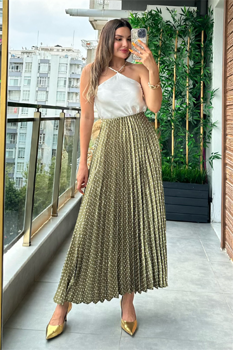 Yağ yeşil puantiyeli pileli midi etek