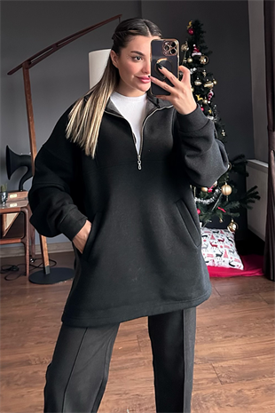 Yakası fermuarlı şardonlu füme sweat
