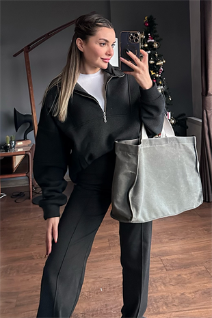 Yakası fermuarlı şardonlu füme sweat