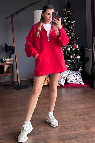 Yakası fermuarlı şardonlu kırmızı sweat