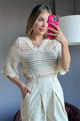 Yarım kol fileli tasarım triko